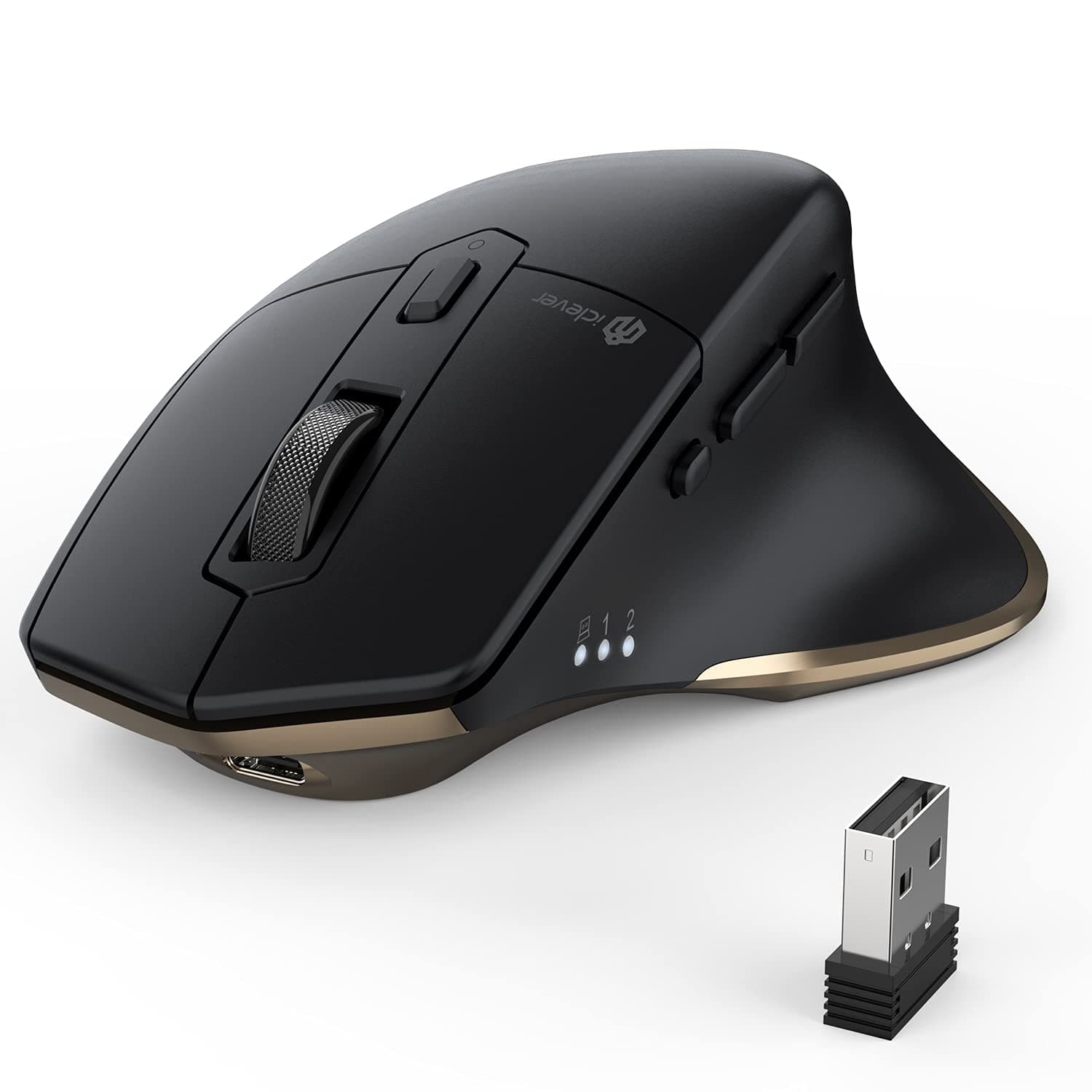 iClever Bluetooth Maus, Rechargeable Ergonomiche Maus Kabellose Mouse, Wiederaufladbarer Akku, Multi-Device, 800/1200 / 1600/2000 / 2400 DPI,7 Buttons for PC/Laptop/Tablet/MacBook, Schwarz