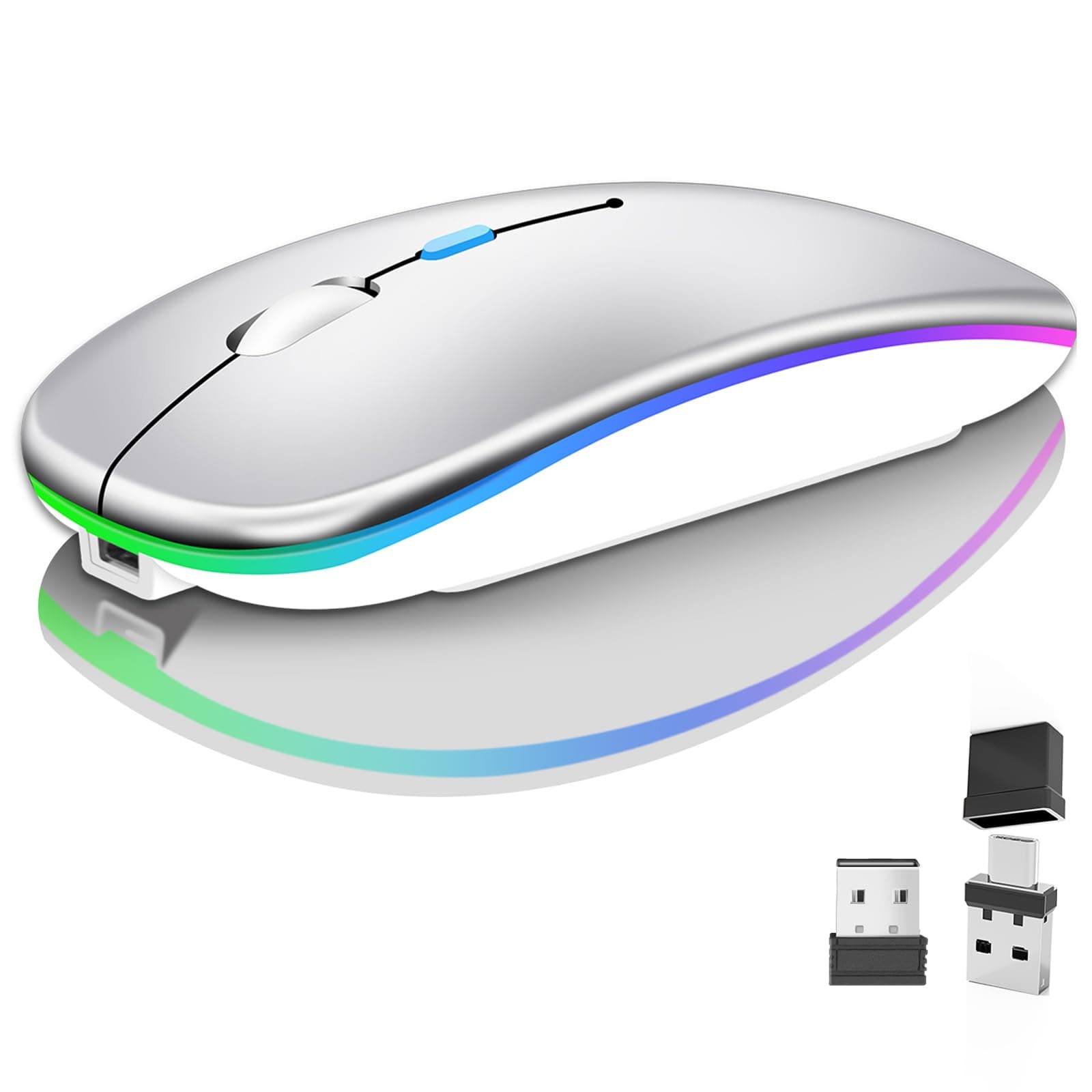 Kabellose Bluetooth-Maus für Laptop, wiederaufladbare Computer-Maus 2.4GHz Optisch (Bluetooth5.2+USB A+USB C)Duale Empfänger Mäuse-1600DPI LED Leiser Klick für MacBook Laptop Tablet PC Computer,Silber