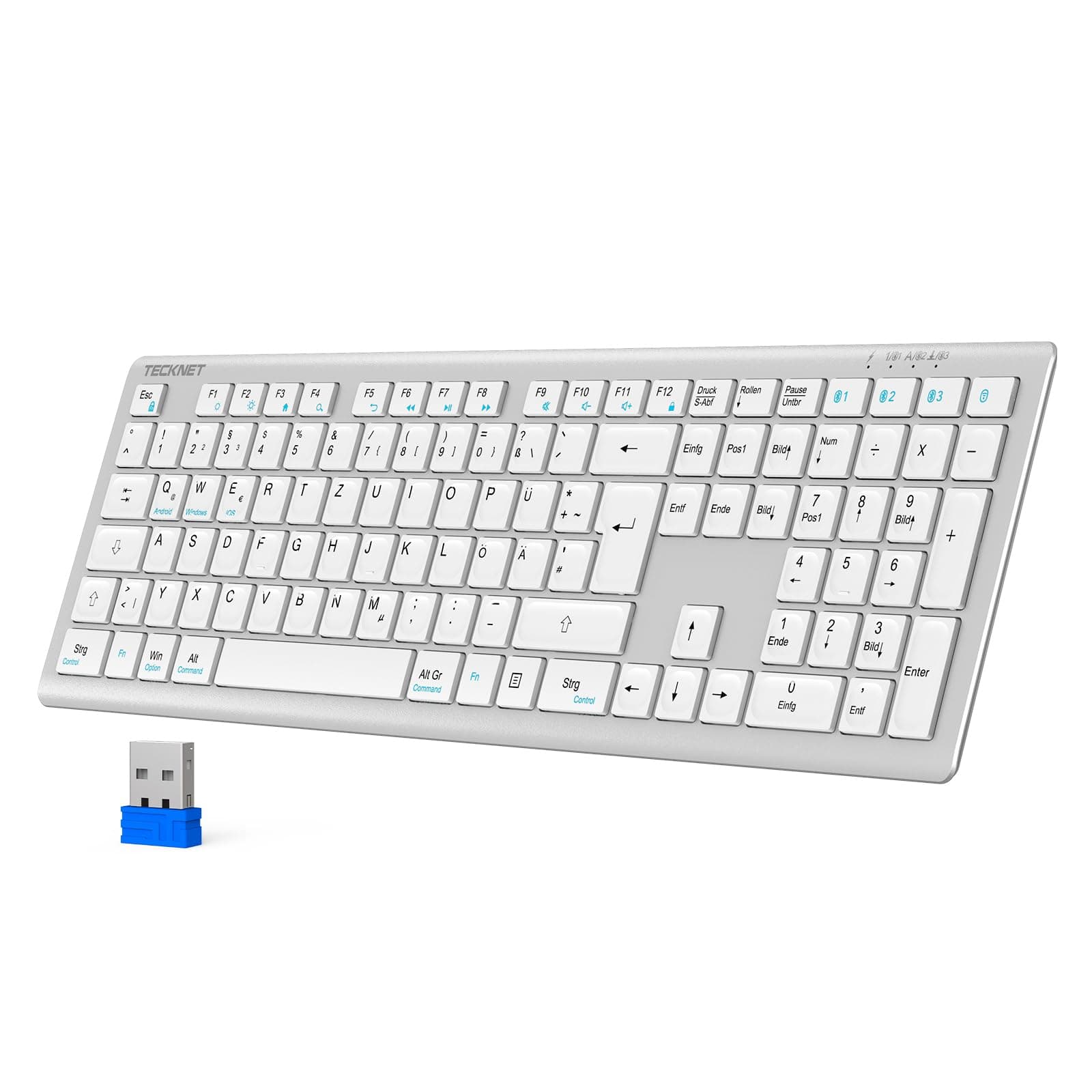 TECKNET Bluetooth Tastatur Kabellose, Wiederaufladbare Multi-Device Wireless Keyboard mit Einfacher bis zu 4 Geräte, Ultraflache, Deutsches Layout (QWERTZ), für Mac, Windows, iOS, Chrome OS