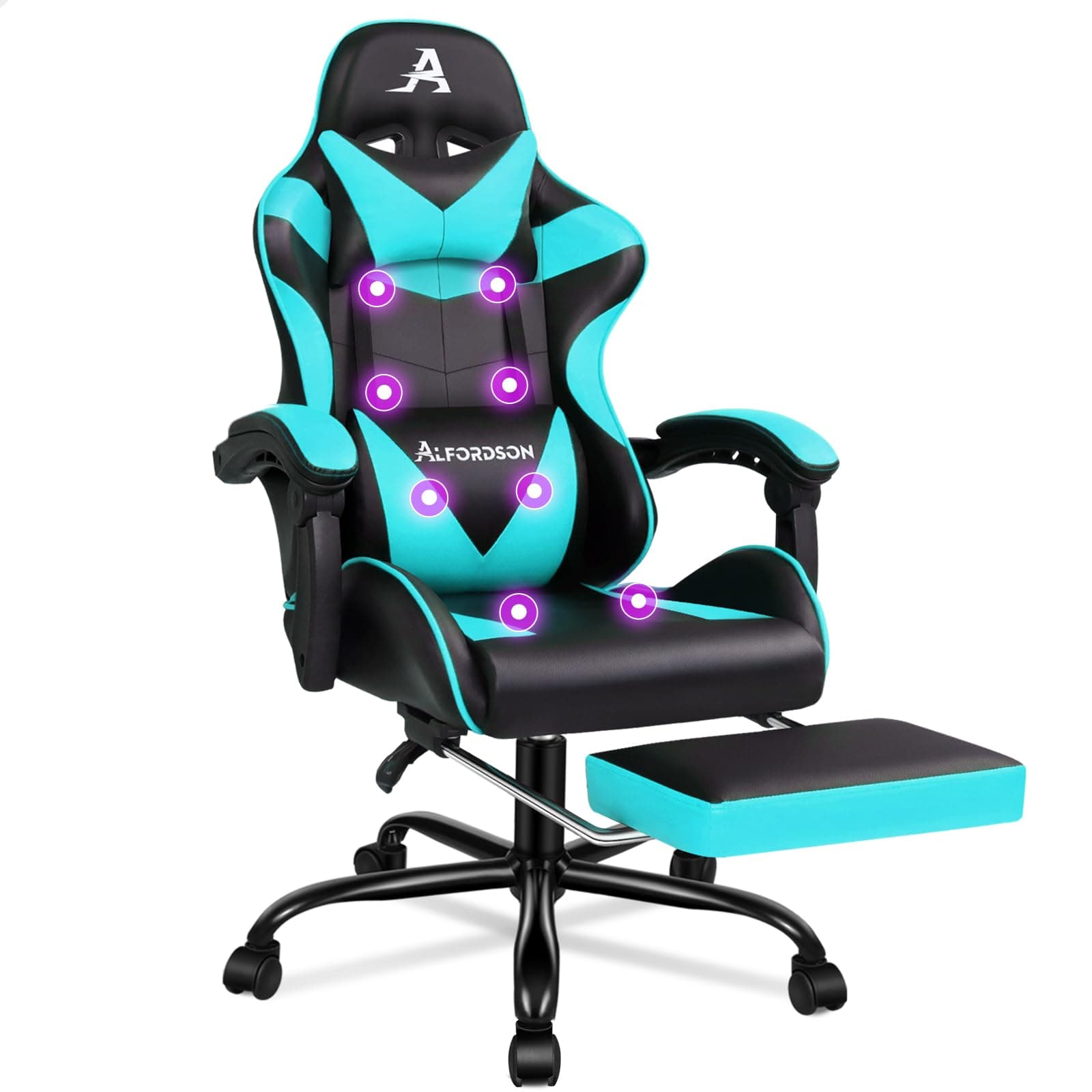ALFORDSON Bürostuhl mit Massage, Gamer-Sessel, ergonomischer Gamer-Stuhl mit Fußstütze, Fußstützen-Massage-Lendenkissen, Drehstuhl, 180 kg Tragkraft, Cyan