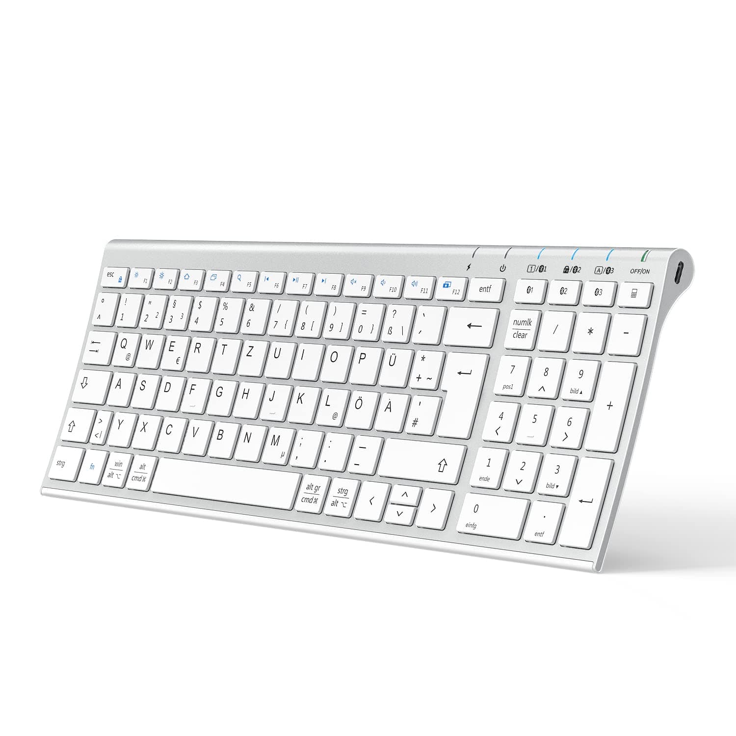 iClever Bluetooth Tastatur, BK10 Kabellos Tastatur mit 3 Bluetooth Kanälen, Ultraslim wiederaufladbare QWERTZ Deutsche Wireless Keyboard für Windows PC, Linux, Chrome, Mac, Weiße Tasten 