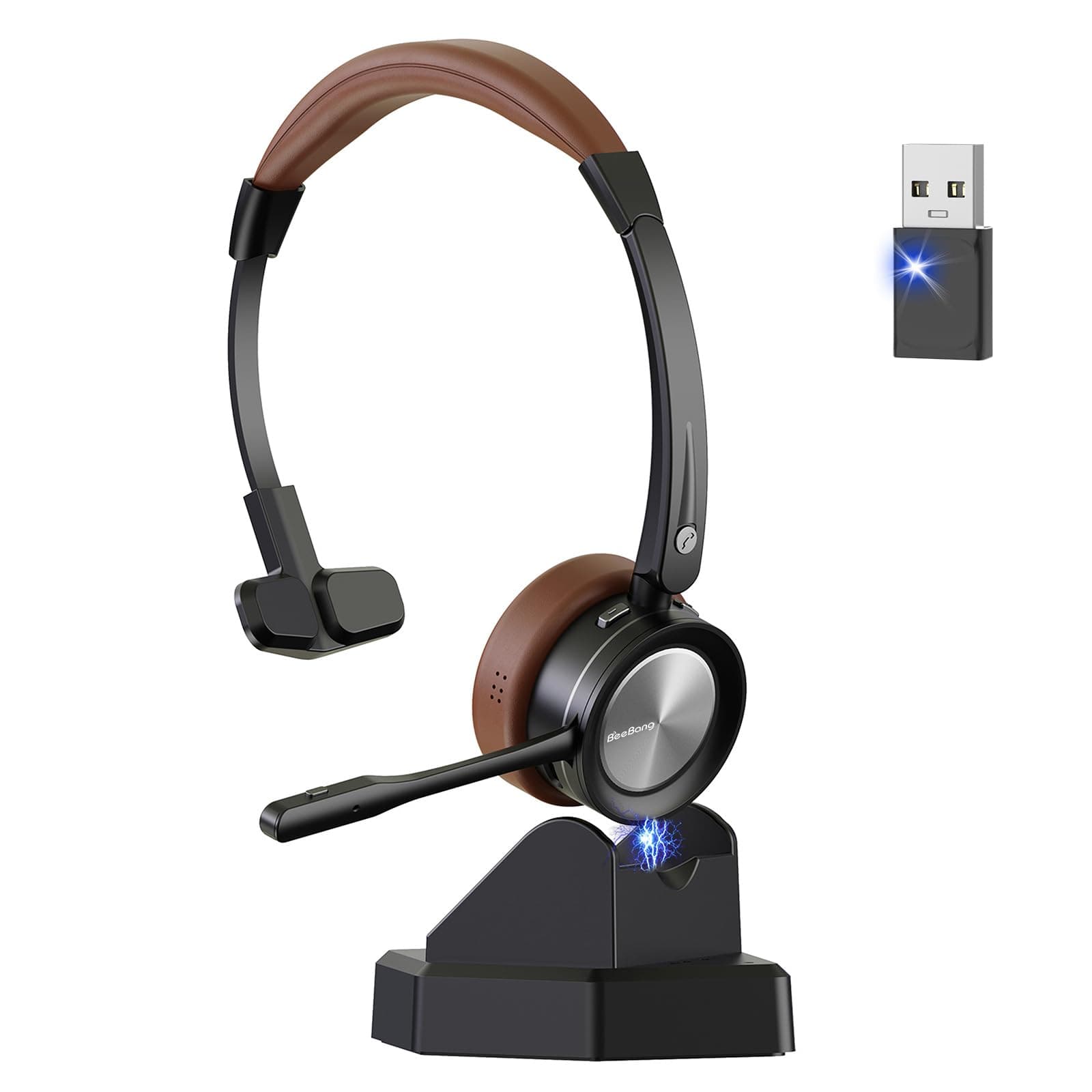 Beebang Bluetooth Headset, Mono Wireless Headset mit Mikrofon und Rauschunterdrückung & USB-Dongle, Kabellose mit Mikrofon Stummschaltung für Computer/Meeting/Call Center/Büro