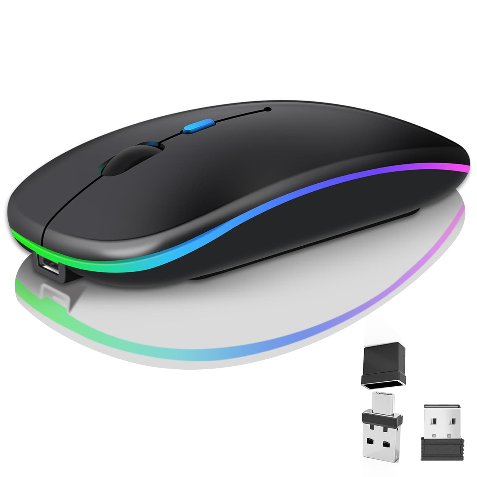 Kabellose Bluetooth-Maus für Laptop, wiederaufladbare Computer-Maus 2.4GHz Optisch (Bluetooth5.2+USB A+USB C)Duale Empfänger Mäuse-1600DPI LED Leiser Klick für Mac Laptop Tablet PC Computer,Schwarz