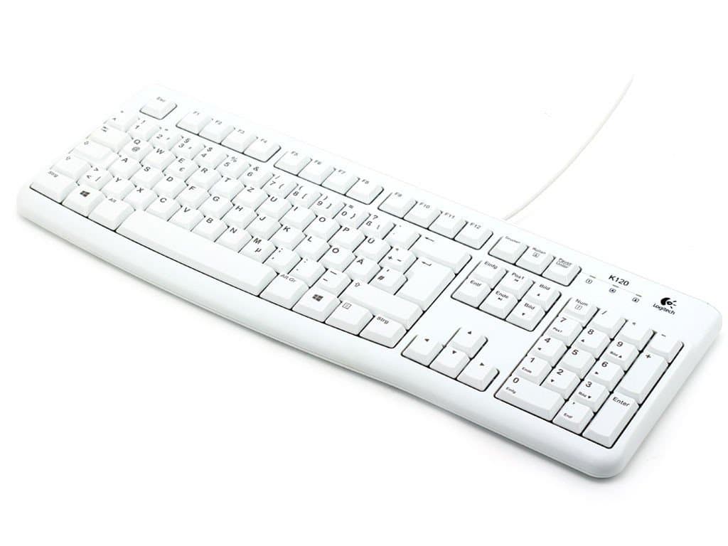 Logitech K120 Kabelgebundene Business Tastatur für Windows und Linux, USB-Anschluss, Leises Tippen, Robust, Spritzwassergeschützt, Tastaturaufsteller, Deutsches QWERTZ-Layout - Weiß