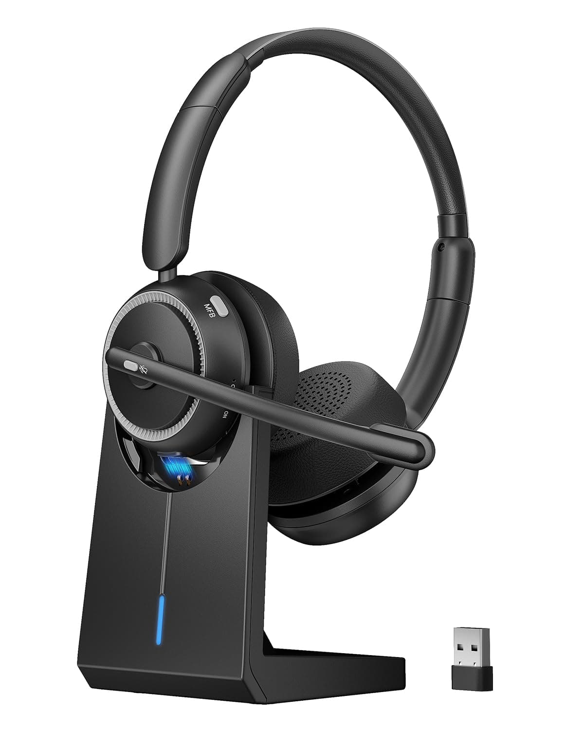 NIXIUKOL Wireless Bluetooth5.2 Headset mit Mikrofon, ANC/ENC Noise Cancelling, Microphone Mute, 200g Leicht, Headset Kabellos mit USB-Dongle & Charging Station für Computer/Call Center/Meeting/Office