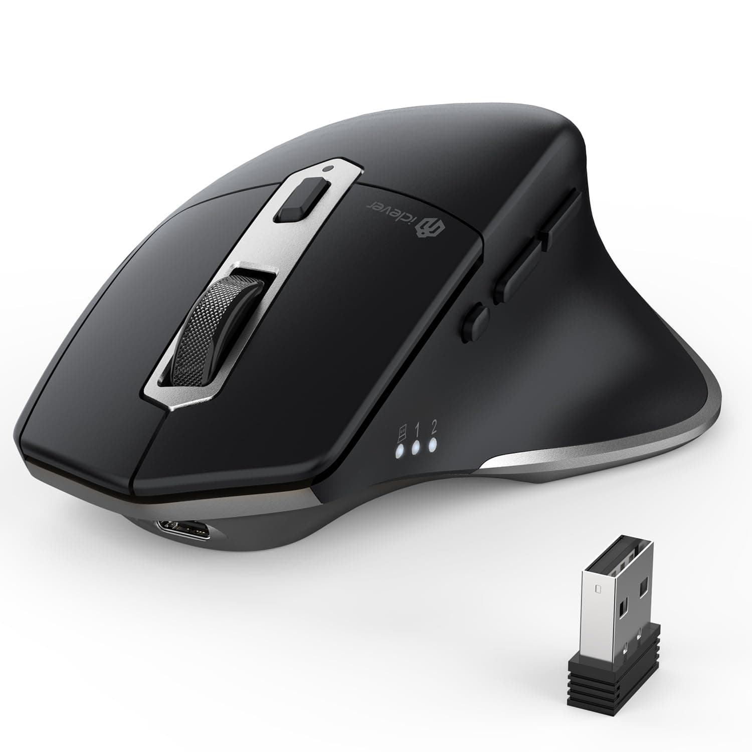 iClever Kabellose Bluetooth Maus, wiederaufladbare Bluetooth-Funkmaus, Ergonomische Maus kabellos für Laptop PC Computer, Mac OS,Android,Windows, Silber&Schwarz