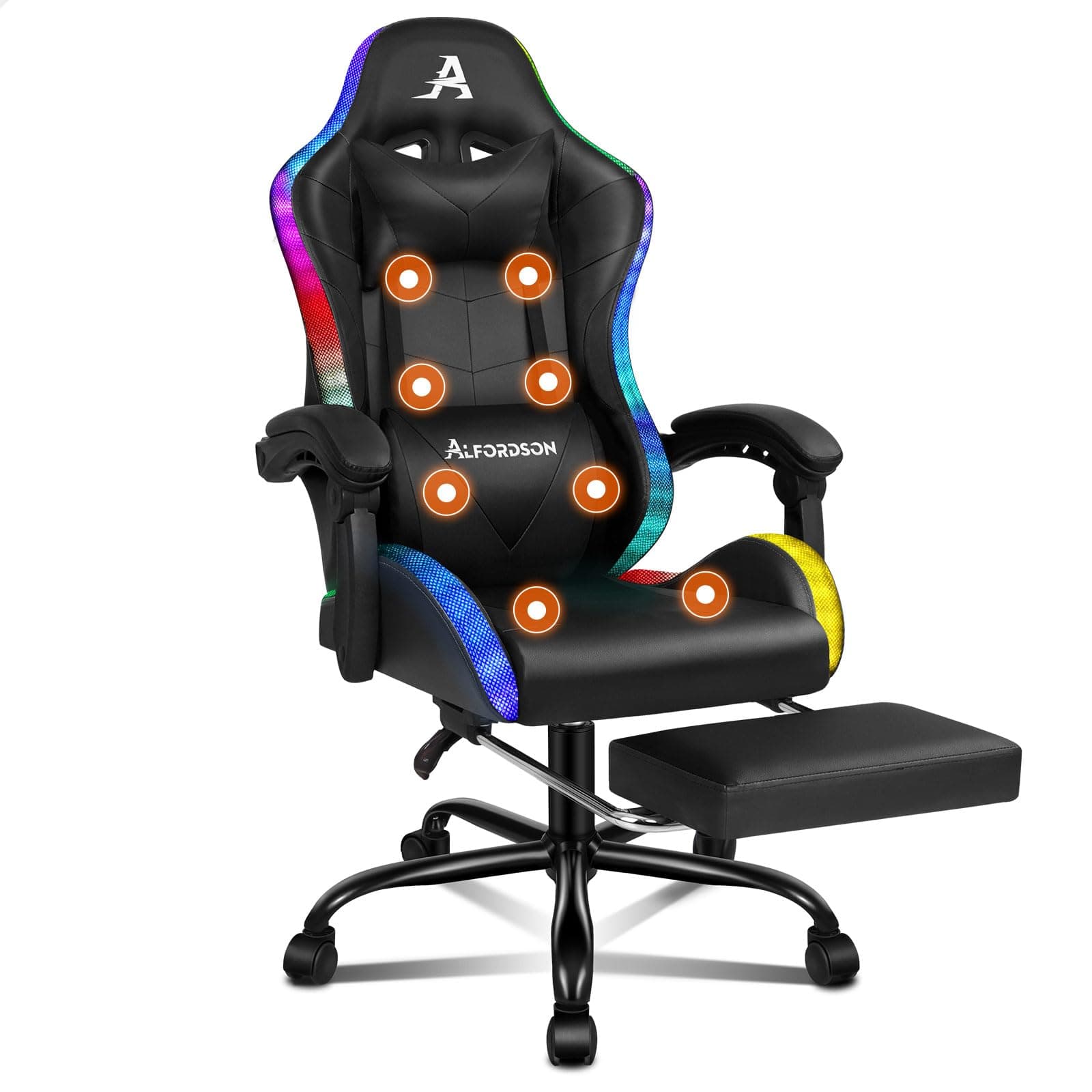 ALFORDSON Bürostuhl Gamingstuhl, Massage-Gamer-Sessel Ergonomischer Gamerstuhl mit Fußstütze, Kopfstütze Massage-Lendenkissen, Drehstuhl, 180kg Tragkraft, Schwarz
