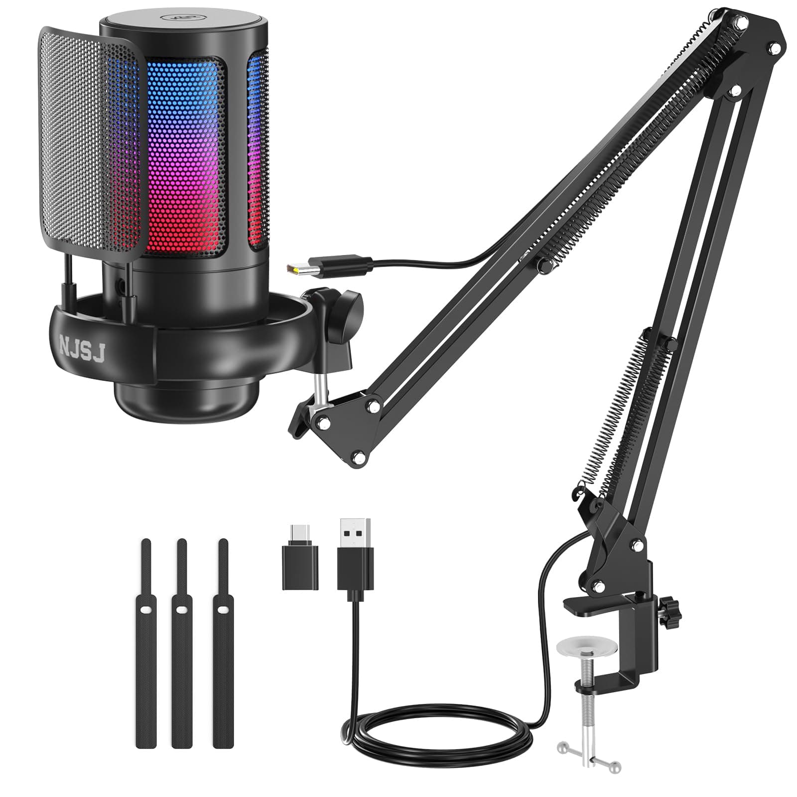 NJSJ Gaming Mikrofon PC mit Arm, USB Microphone für MAC PS4 PS5 mit Stummschalttaste, Popfilter, RGB Mikrofon für YouTube Twitch Podcast Streaming Studio, Schwarz mit Arm