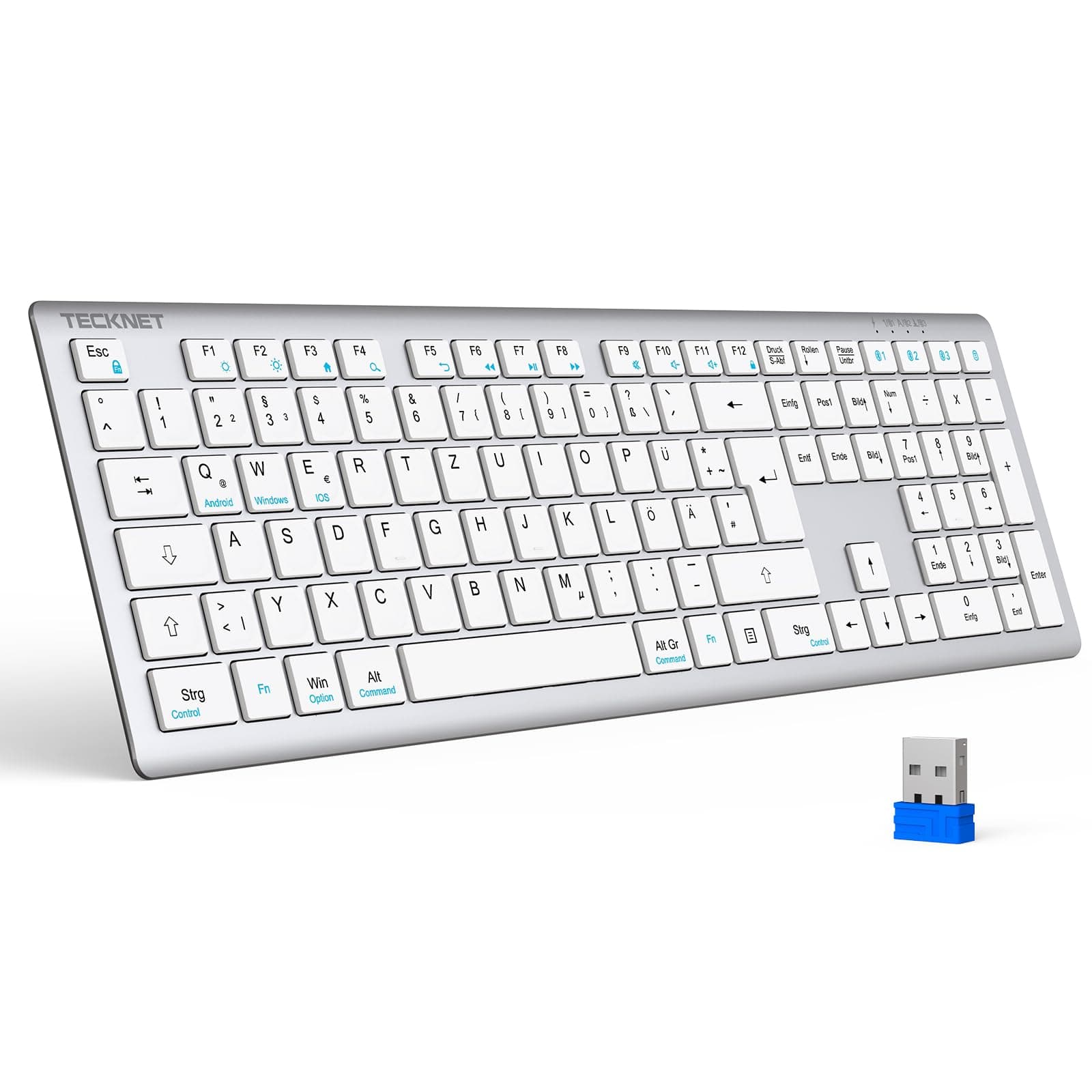TECKNET Bluetooth Tastatur, Kabellose Wiederaufladbare Multi-Device Tastatur mit Einfacher bis zu 4 Geräte, Ultraflache, Deutsches Layout (QWERTZ), für Mac, Windows, iOS, Chrome OS