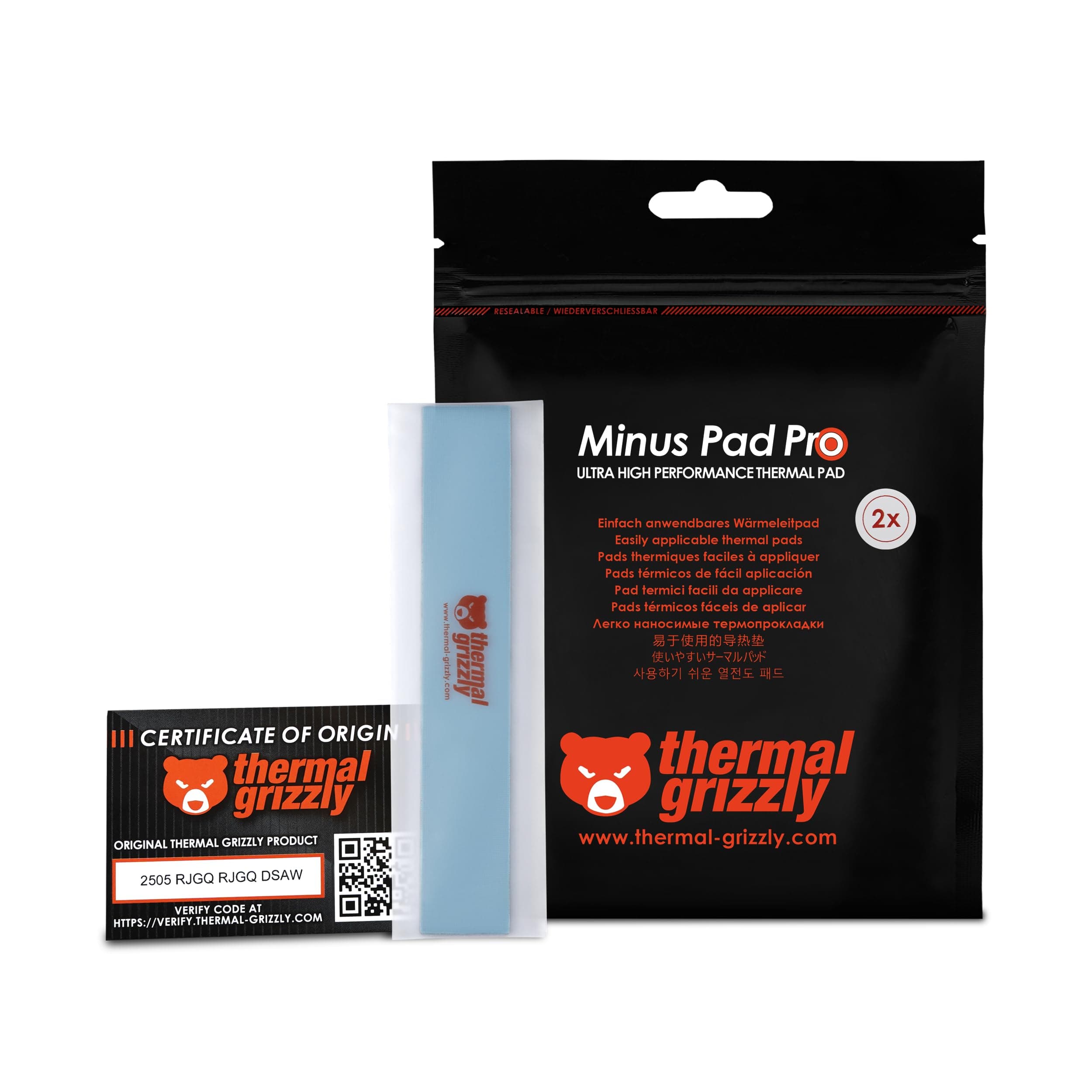 Thermal Grizzly Minus Pad Pro – 2er-Pack Wärmeleitpad, 120 x 20 x 3,0 mm, elektrisch nicht leitend, hohe Wärmeleitfähigkeit und Komprimierbarkeit für SSDs, GPUs und Elektronik