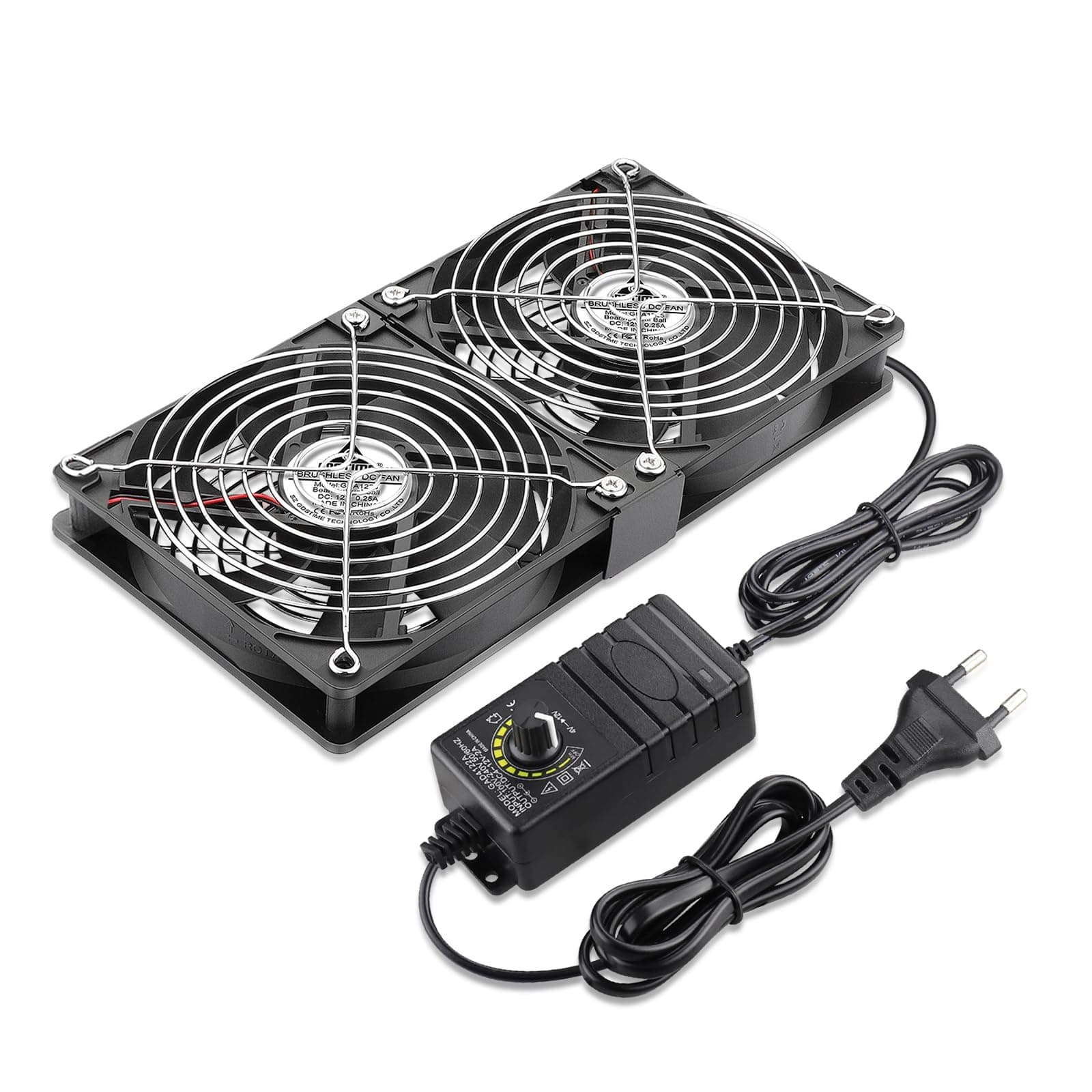 GDSTIME Gehäuselüfter 240mm 230V Dual Lüfter 2 x 120mm PC Lüfter 230V PC Ventilator 240mm mit DC 4V -12V Regelbar Geschwindigkeit für Computer Laptop Kontrolle