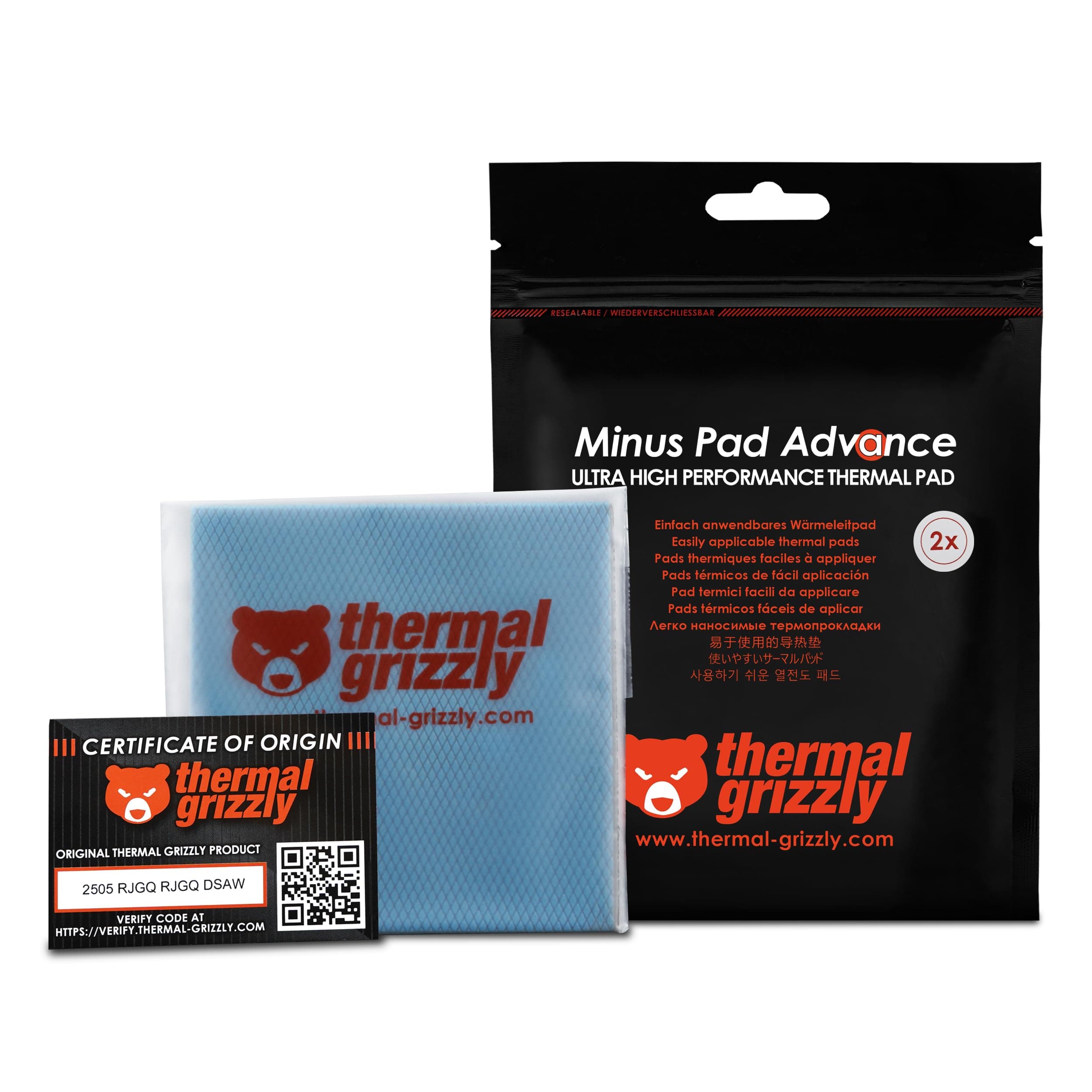Thermal Grizzly Minus Pad Advance – 2er-Pack Wärmeleitpad, 100 x 100 x 0,5 mm, elektrisch Nicht leitend, hohe Wärmeleitfähigkeit und Komprimierbarkeit für SSDs, GPUs und Elektronik